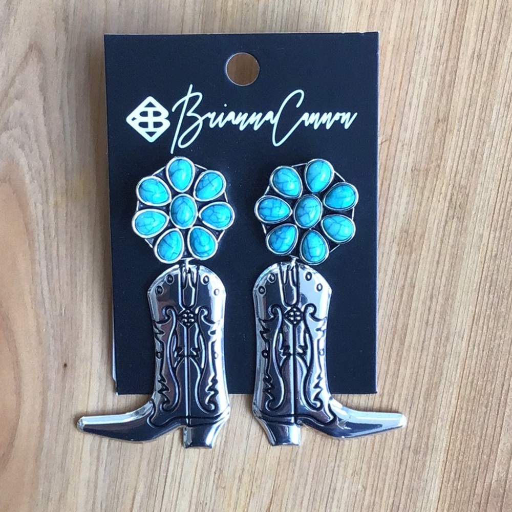 BRIANNA CANNON Silver and Blue Flower Boot Earrings NWT